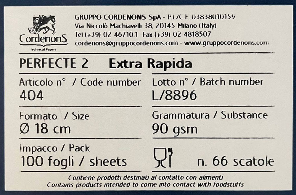 carta filtro perfecte 2 cordenons 18 cm 100 pezzi